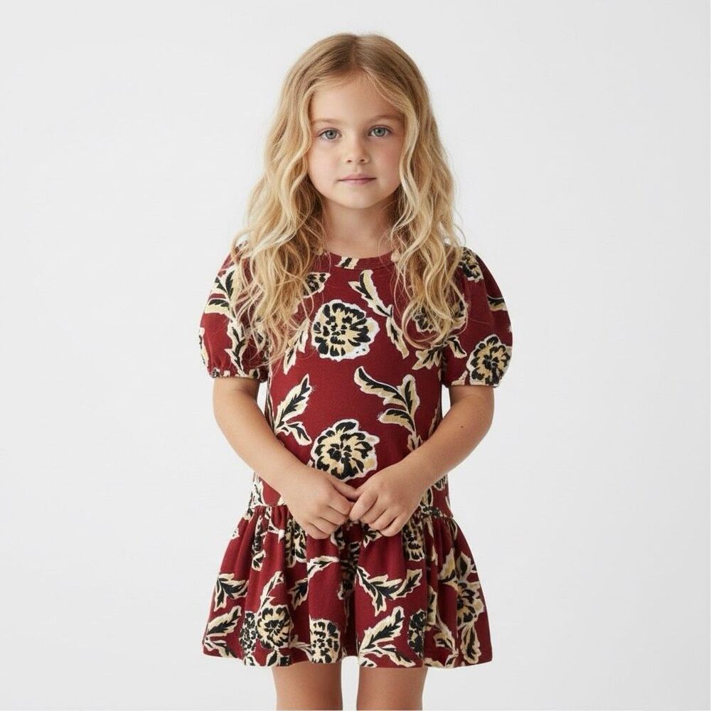 Tanya Taylor Mini Girls XS Red Floral Drop Waist Puff Sleeve Dress Ruffle Hem